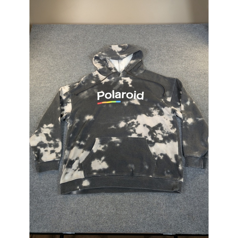 Polaroid Men XL Black White Tie Dye Graphic Hoodie Mad Engine Rainbow Logo #2454